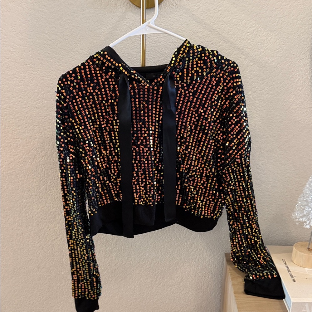 Black Hoodie with Multicolor seguins an satin ribbon